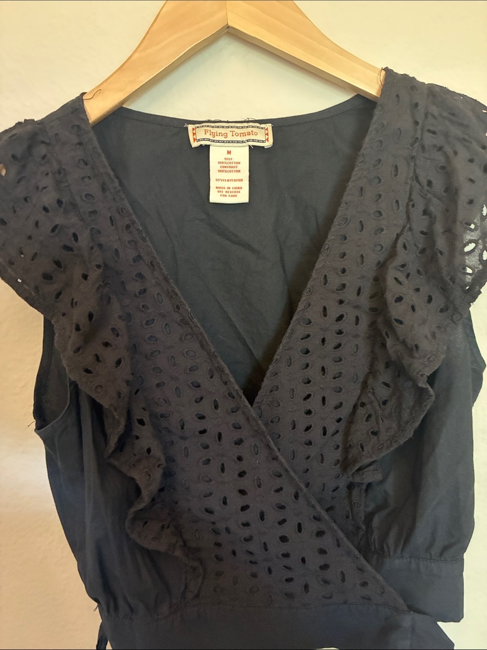 Flying Tomato Black Ruffle Eyelet Cotton V-Neck Blouse Top M